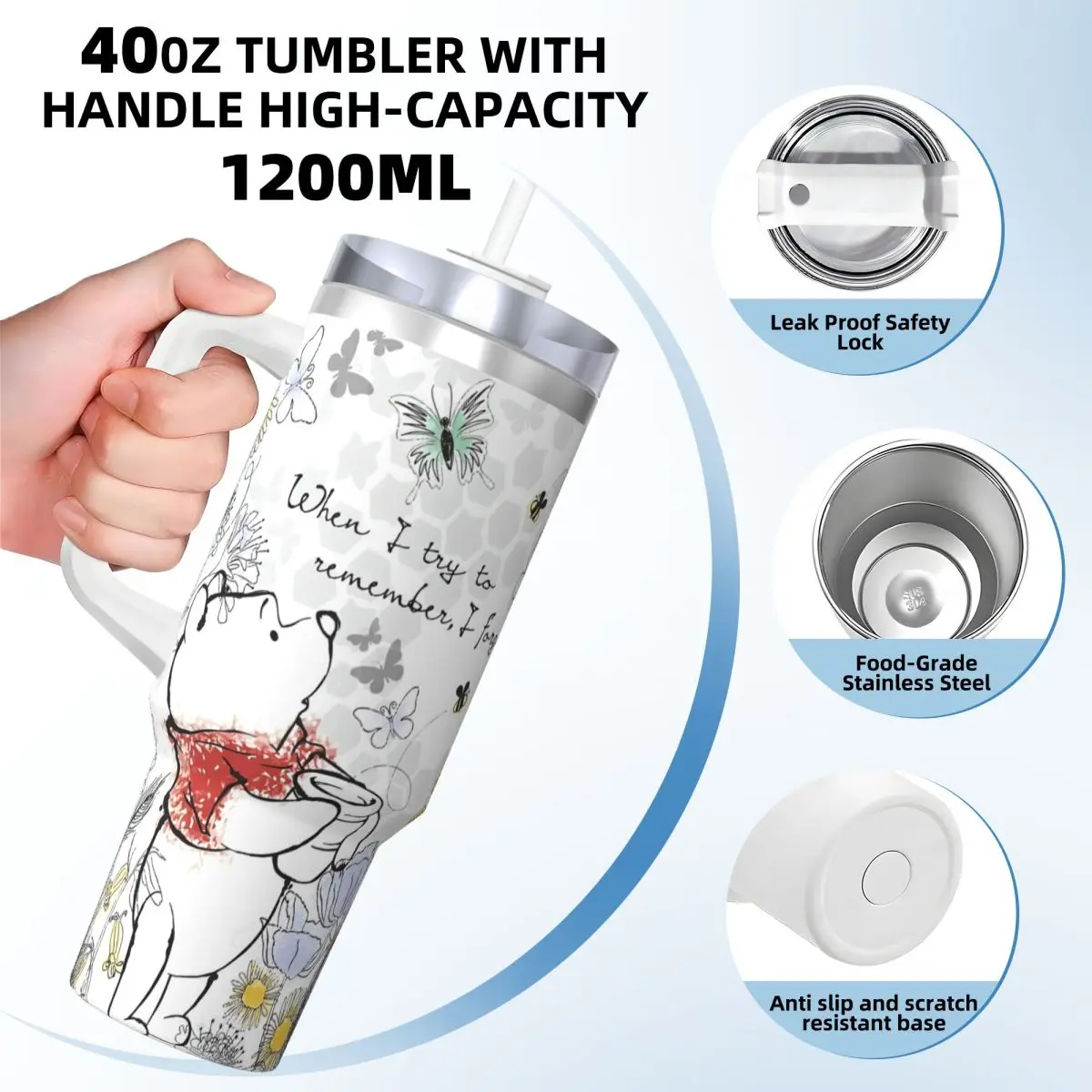 Winnie The Pooh Stainless Steel Tumbler Travel Mugs Cup 40oz Thermal Cups Leakproof Cold Drink Milk Tea Water Bottle