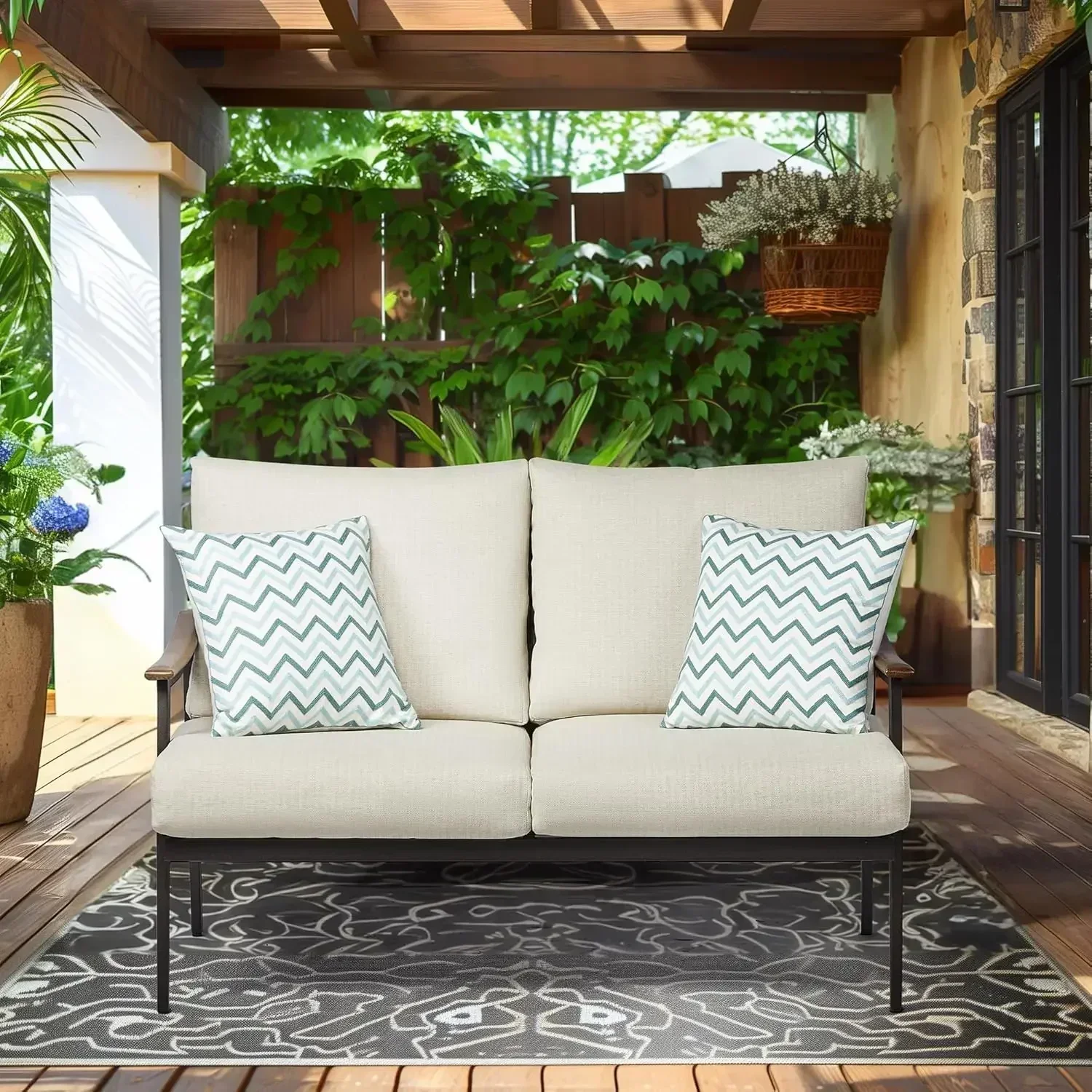 Outdoor Patio Loveseat, Patio Furniture Metal Outdoor Sofa with Wicker Backrest & 6 Inches Cushion for Front Porch,Balcony,Deck