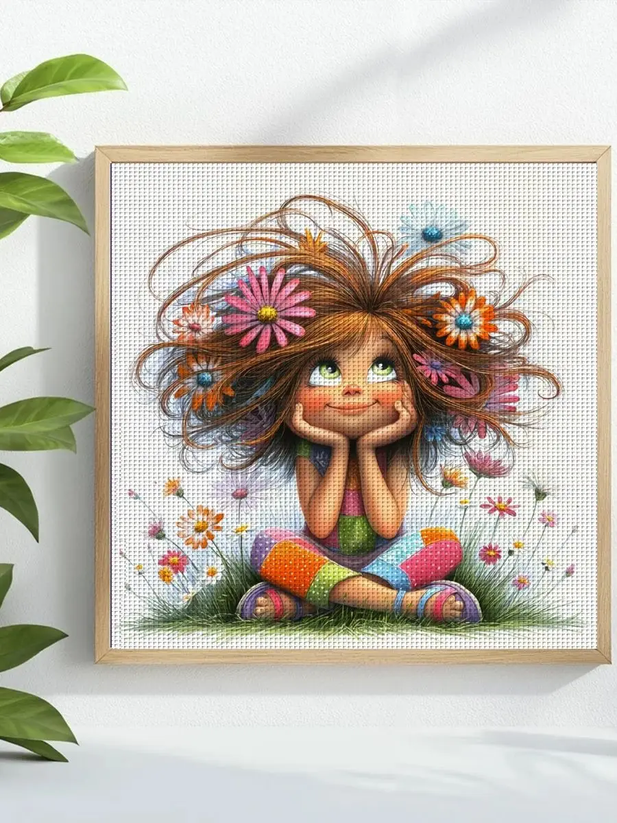 1 Stück 40X40CM/15,74 Zoll „Ein nachdenkendes kleines Mädchen“ gestempeltes Kreuzstich-Set DIY-Kit 11CT/14CT DIY-Stickset DIY-Kreuzstich-Set – Detail 1