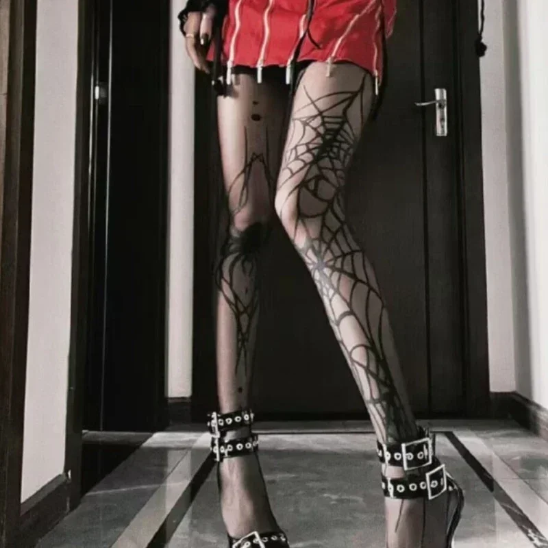 Medias góticas de seda con diseño de araña grande, medias de rejilla oscuras Vintage góticas para mujer, pantimedias sexis de bruja con telaraña alternativa Emo