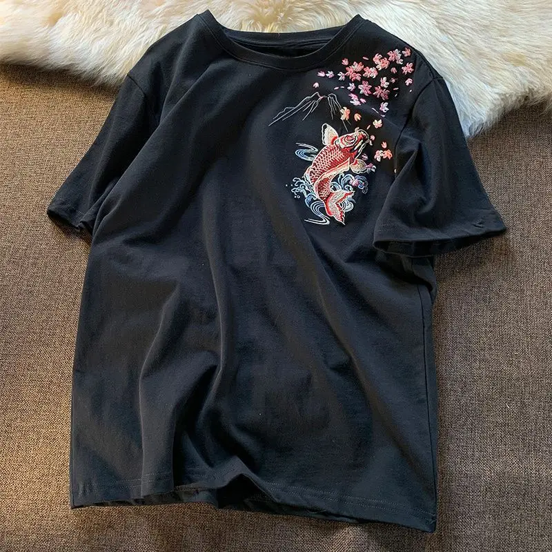 Lovers Embroidered Koi Fish Summer T-shirt 2023 New Men Cotton T Shirt Students Casual Tee Short Sleeves Top Loose T-shirt 4XL