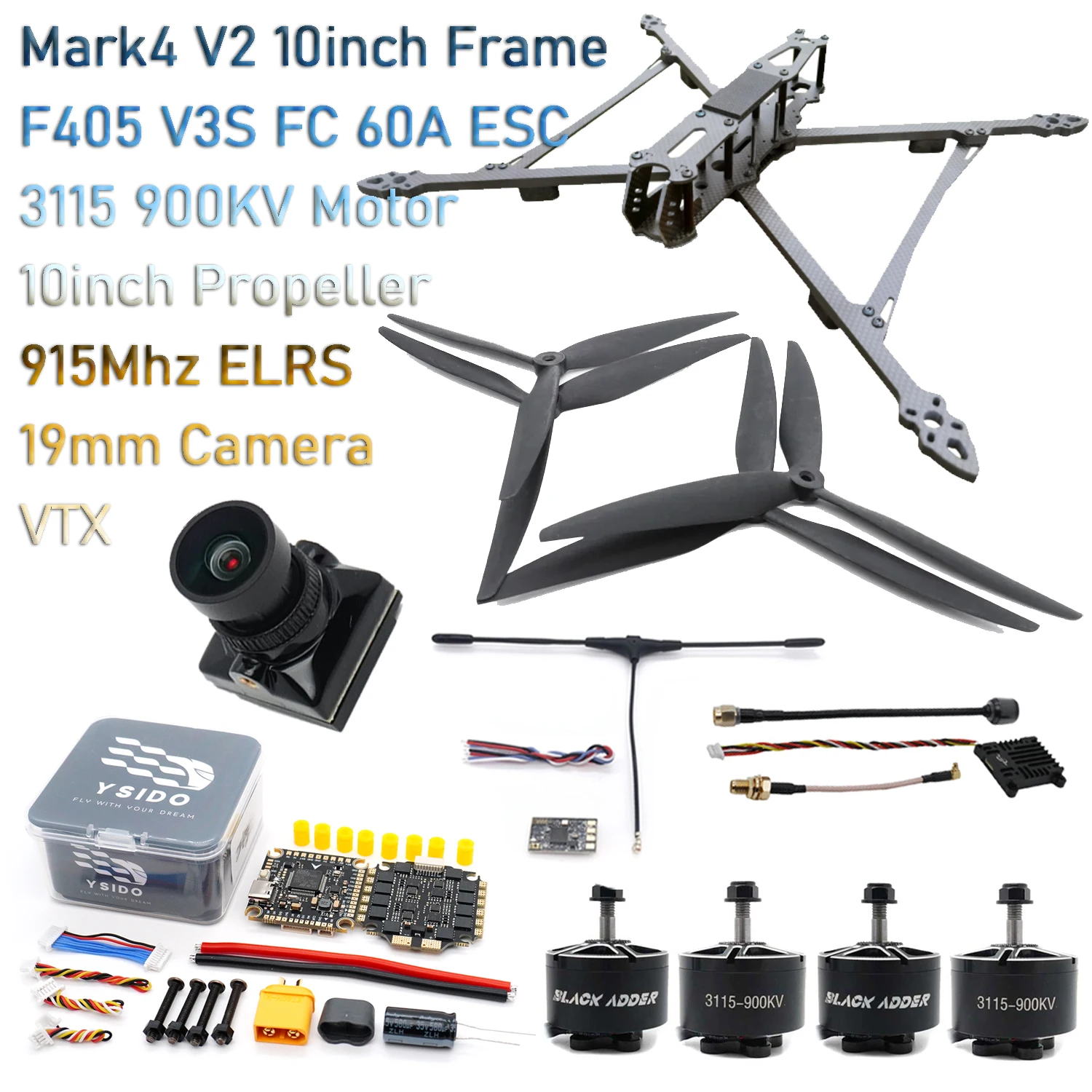 

RC FPV Quadcopter Drone Frame Mark4 V2 10inch Kit with F405 V3S FC 60A 4-in-1 ESC 3115 900KV Motor Propeller VTX Camera ELRS