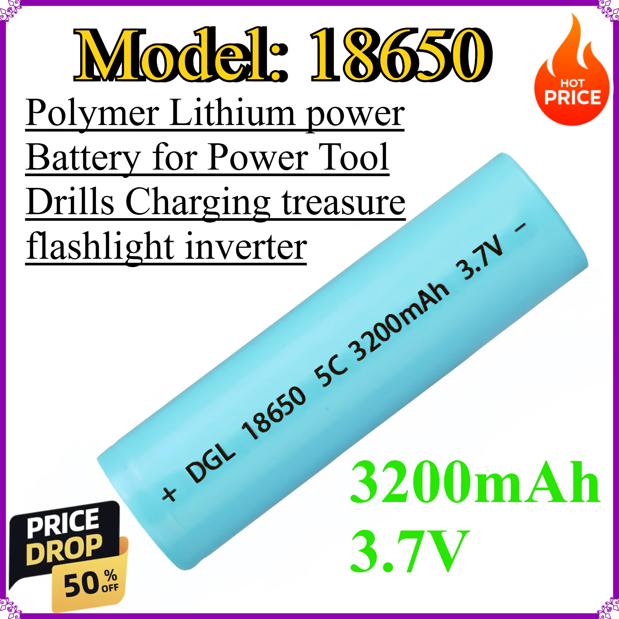 

18650 3200mAh 3.7V Polymer Lithium power Battery for Power Tool Drills Charging treasure flashlight inverter