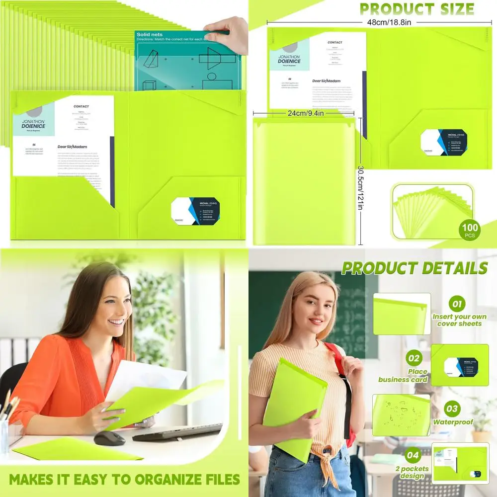 

Fluorescent Green Heavy-Duty Plastic Folders with 2 Pockets and Card Slot for School Supplies and Office Presentations