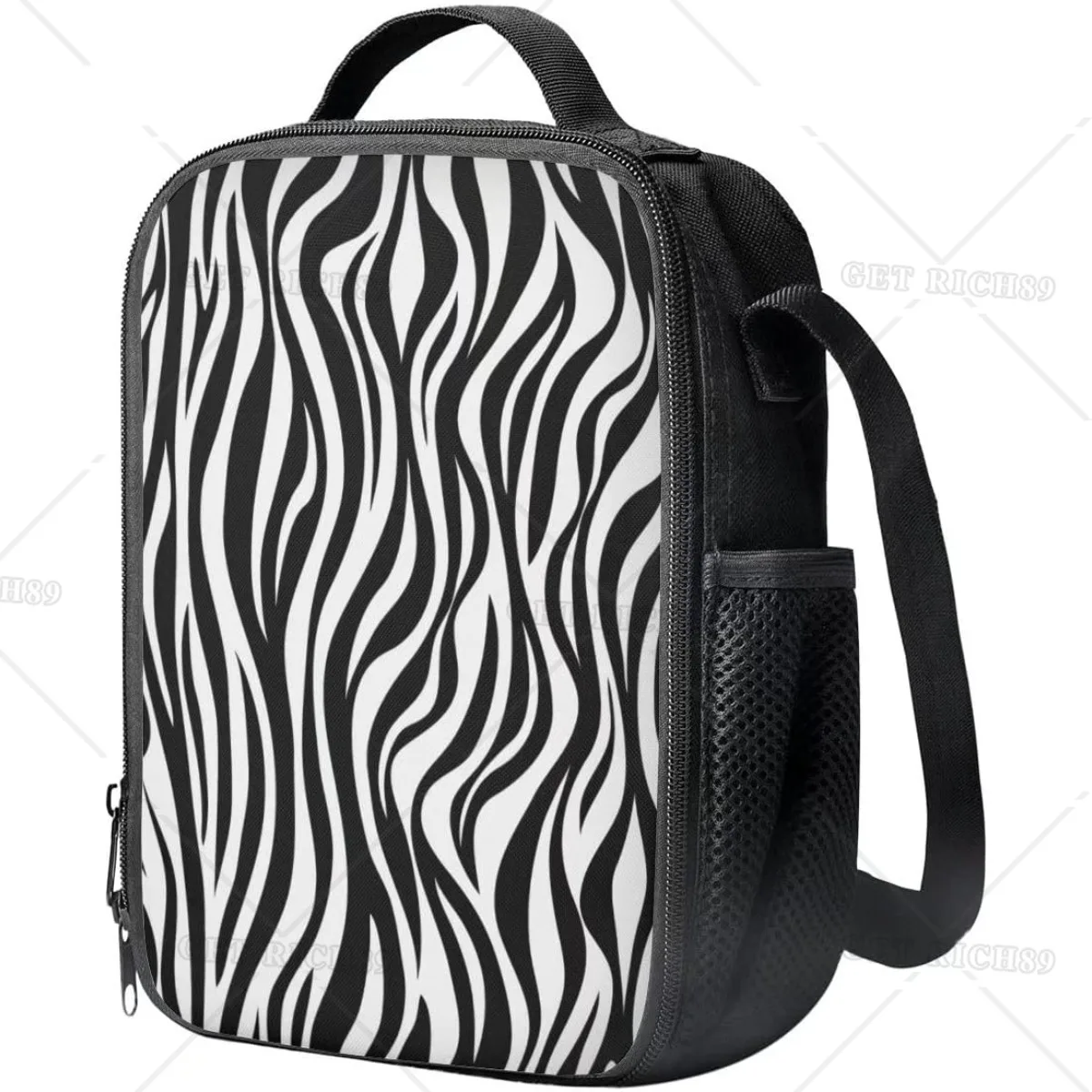 Zebra Pattern Reusable Washable Lunch Bag for Women Men Black and White Lunch Box Insulated Tote Bag with Adjustable Straps Work