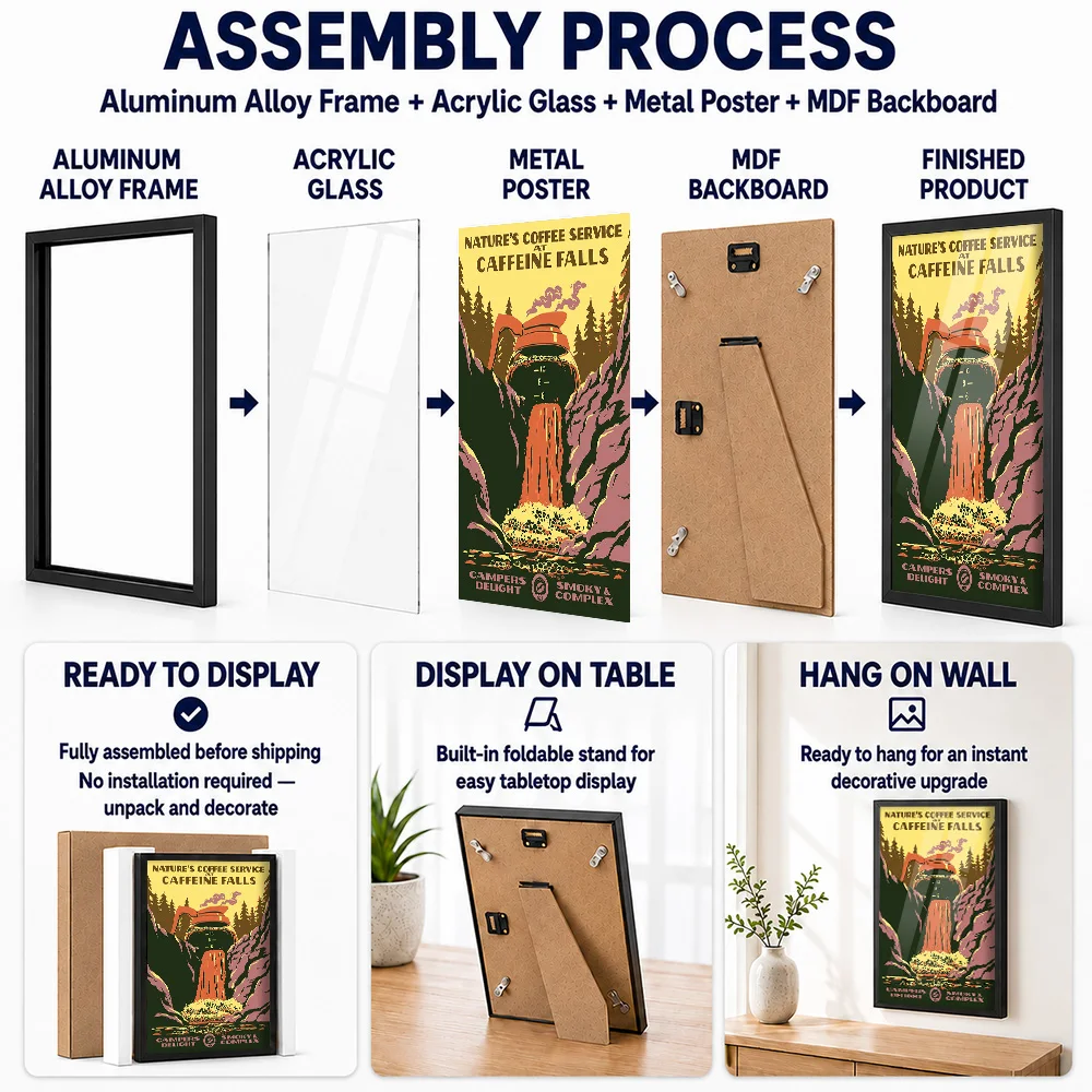 Caffeine Falls Framed Aluminum Metal Poster Customized Bar Menu Wall Art A Unique Gift For Mixology Fans To Display In Kitchen