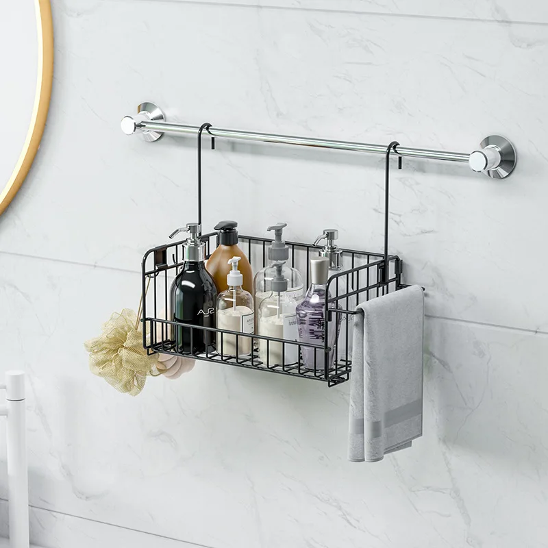 Folding Bathroom Basket Waterproof Metal Shelving Non-perforated Drain Basket Wall Hangers with Hooks Storage Orgenizer Rack