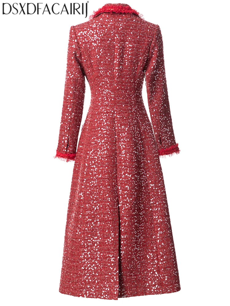 DSXDFACAIRIJ Women's Turn-Down Collar Long Sleeve Double Breasted High Street Sequins Tweed Outerwear Fashion Winter Females