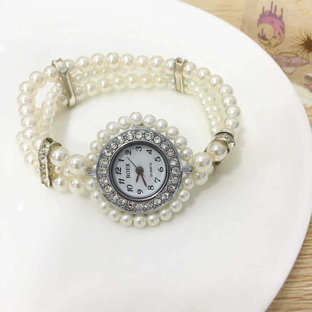 1PCS Fashion Women Casual Pearl String Watch Crystal Rhinestone Strap Quartz Wrist  Female Clock