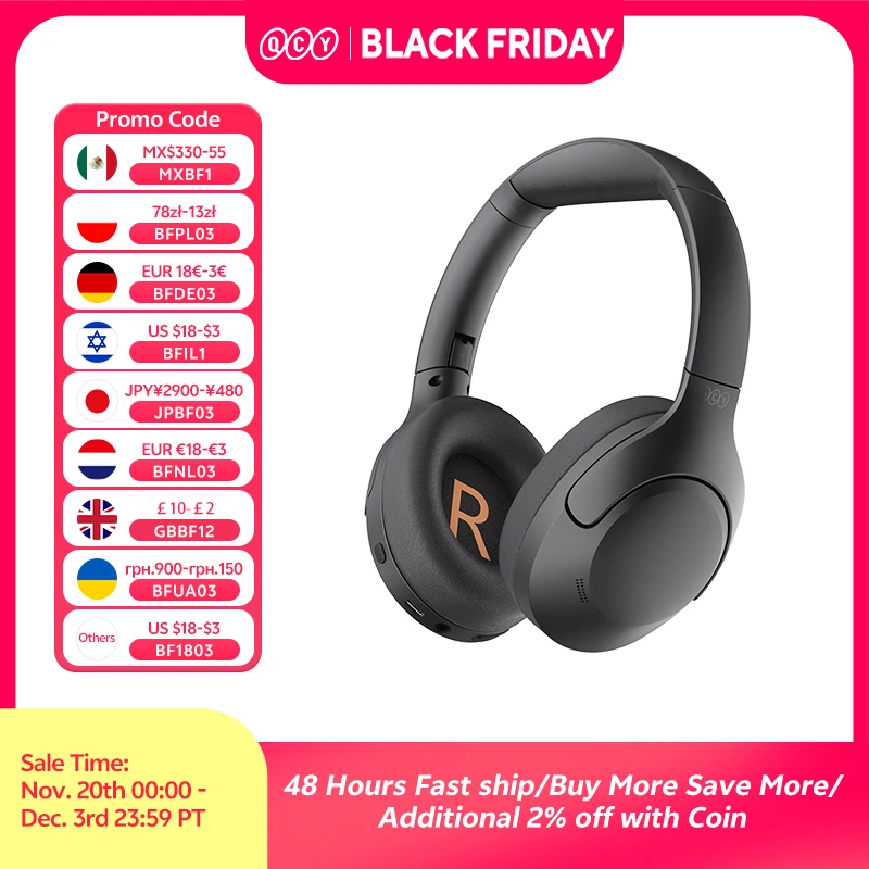 QCY H3 Lite ANC fones de ouvido sem fio 40mm driver bluetooth 5.3 cancelamento de ruído ativo sobre a orelha fone de ouvido chamada hd clara