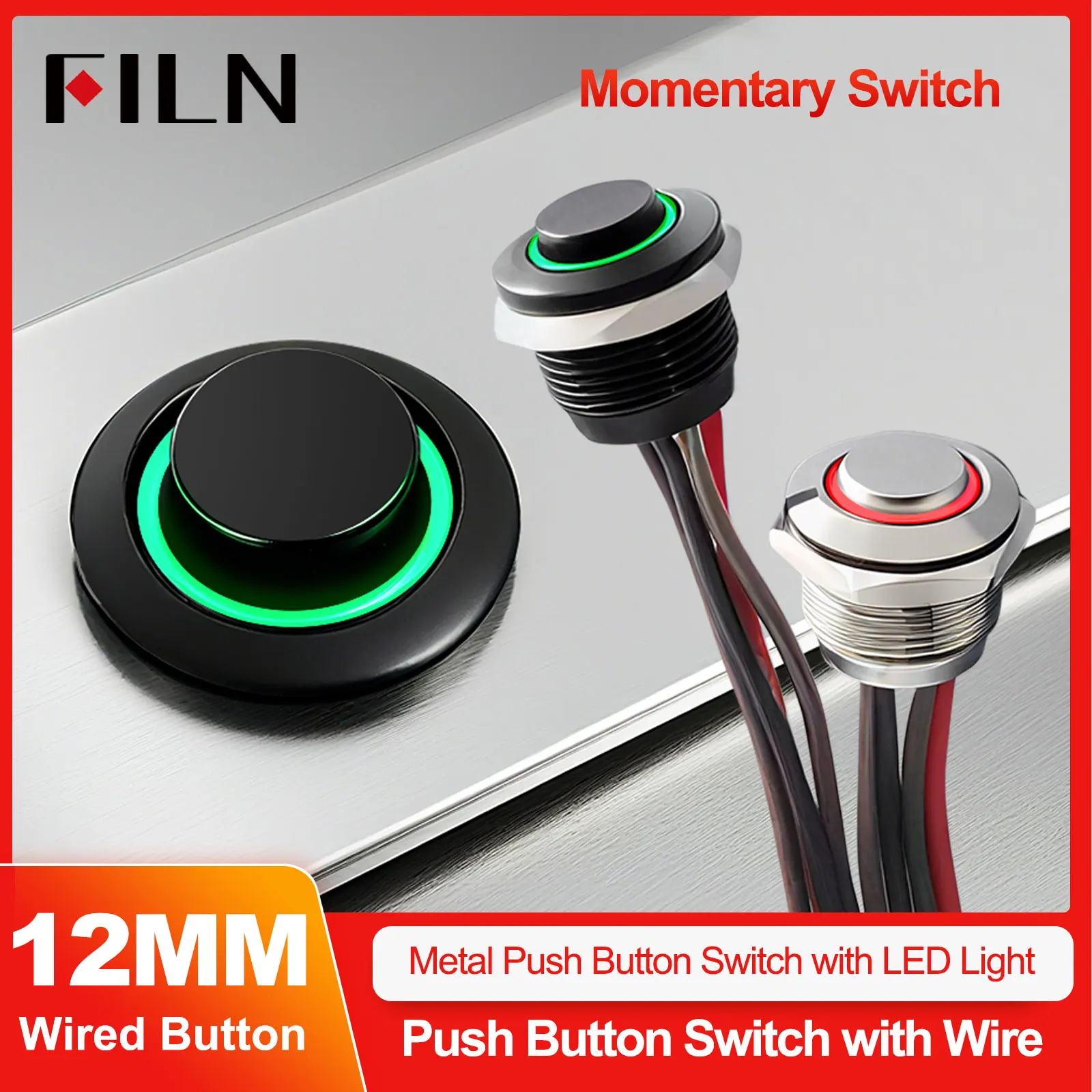 

FILN 12mm Higher Head Short Throw Stainless Steel Push Button Switch 12V 24V Self-Reset Momentary LED Touch Elevator Button