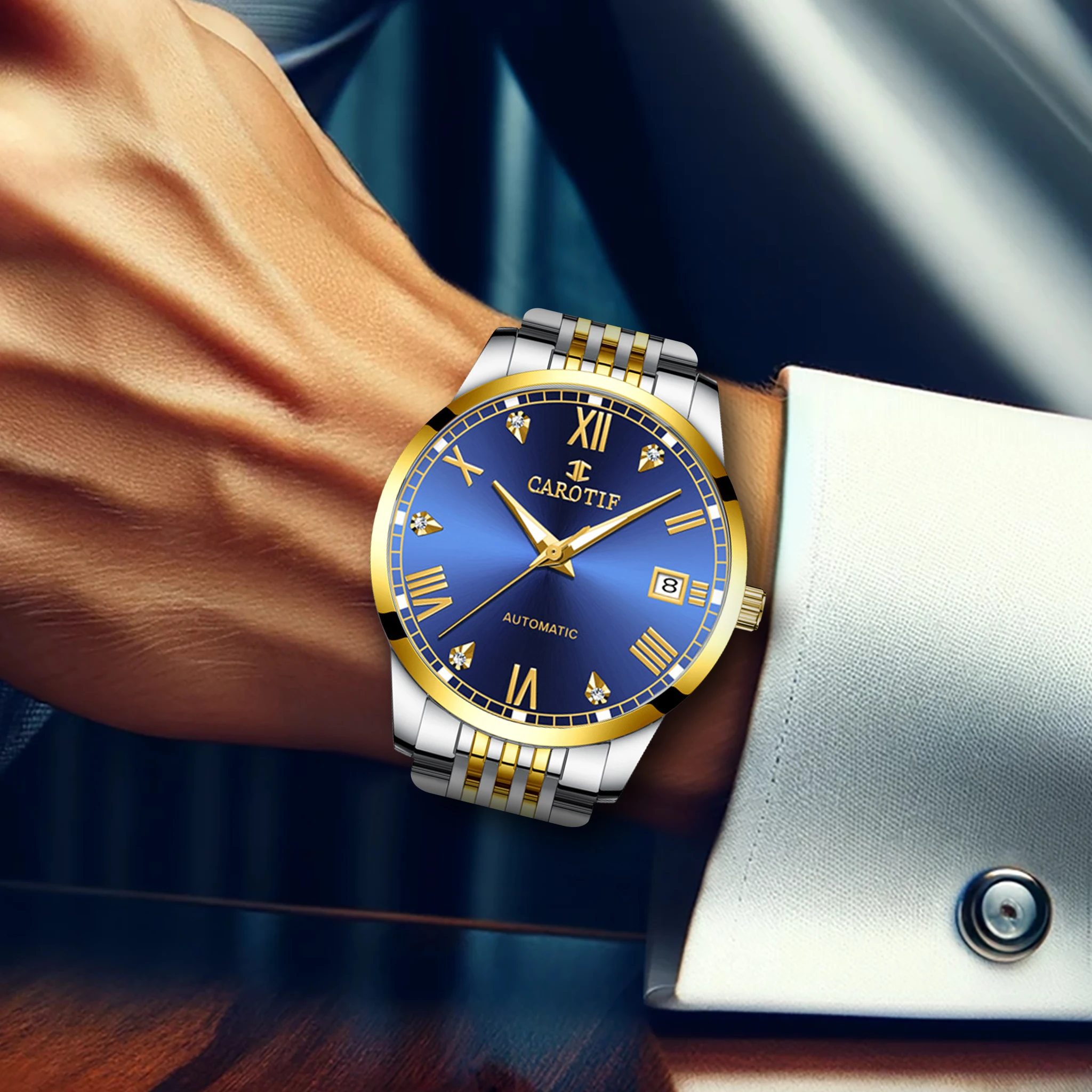 New men's watch room with gold blue steel strip, business style, atmospheric and elegant night light calendar, mechanical watch
