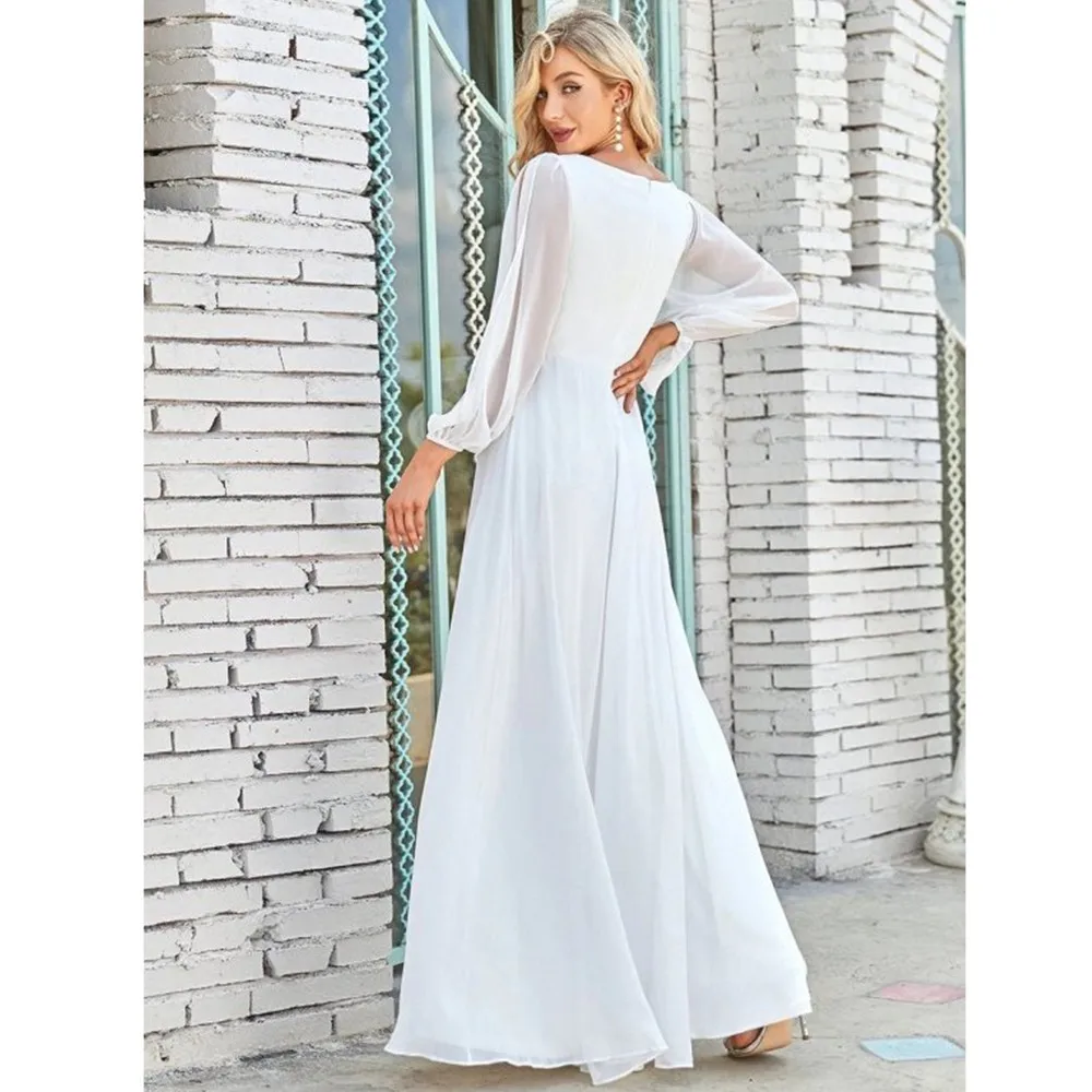 BABYONLINE Boho Wedding Dresses Chic and Simple V Neck Long Sleeves Applique A Line Chiffon Maxi Skirt For 2024 Bride