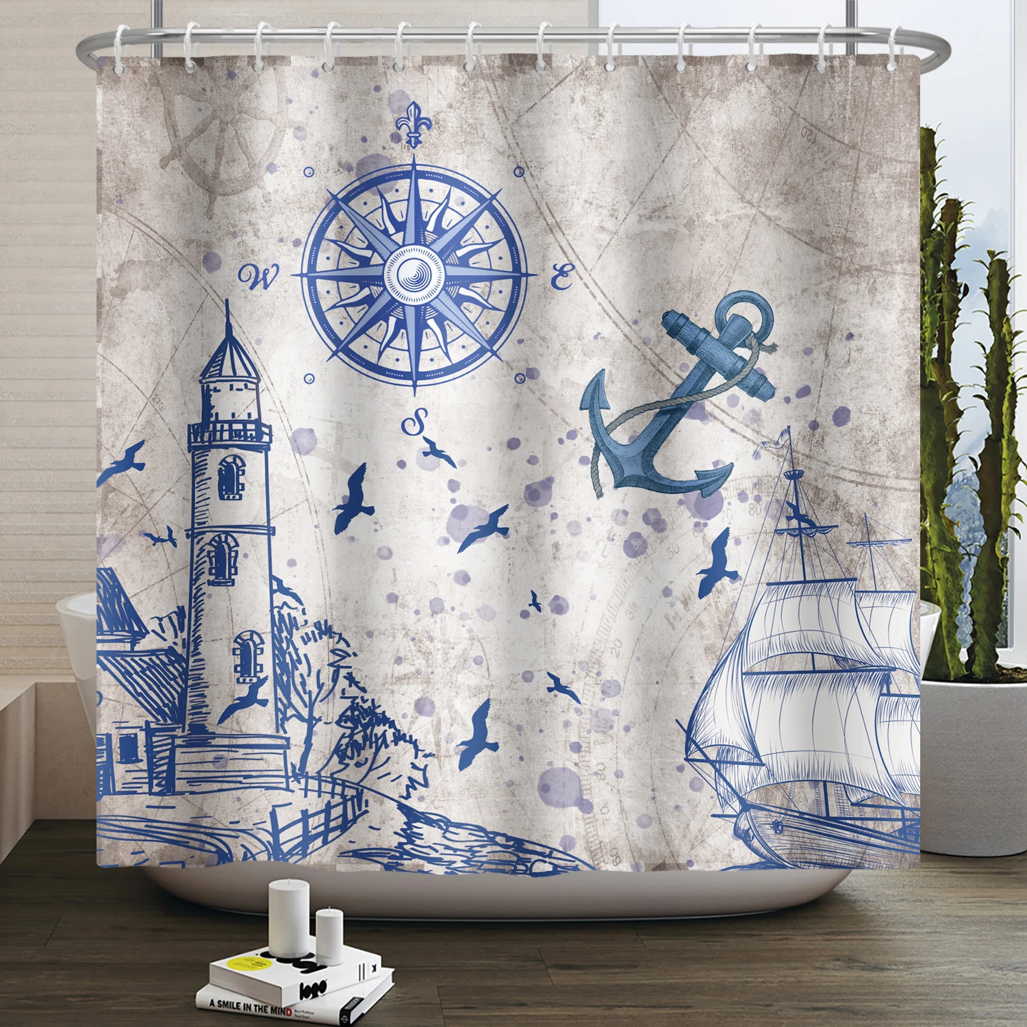 Nautical Sailboat Shower Curtain Compass Anchor Lighthouse Vintage Pirate Bath Curtain Polyester Fabric Bathroom Decor with Hook