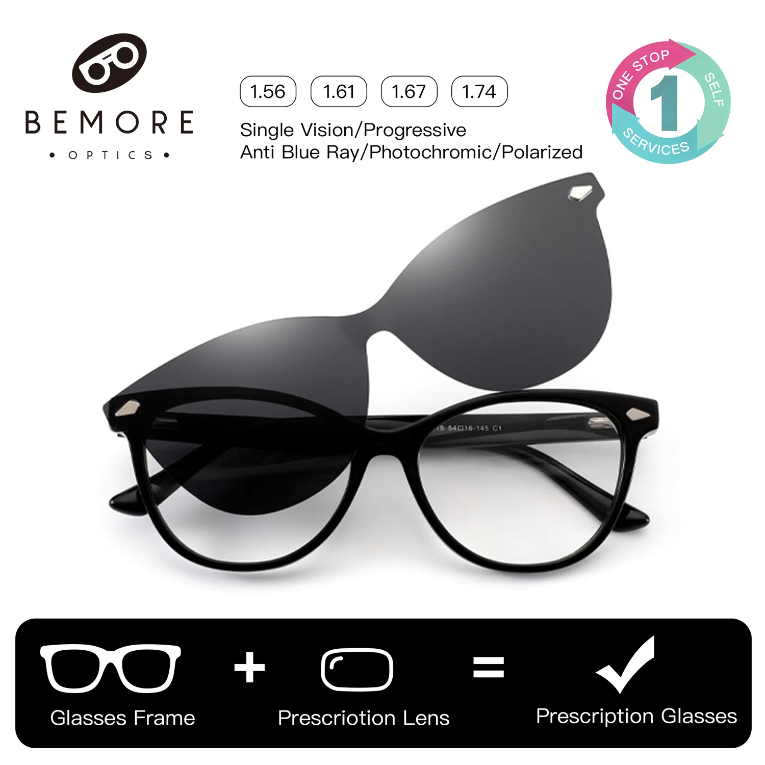 BEMORE Woman Square Clip on Polarized Sunglasses Handmade Acetate Anti-Blue Light Progressive Multifocal Prescription Eyewear
