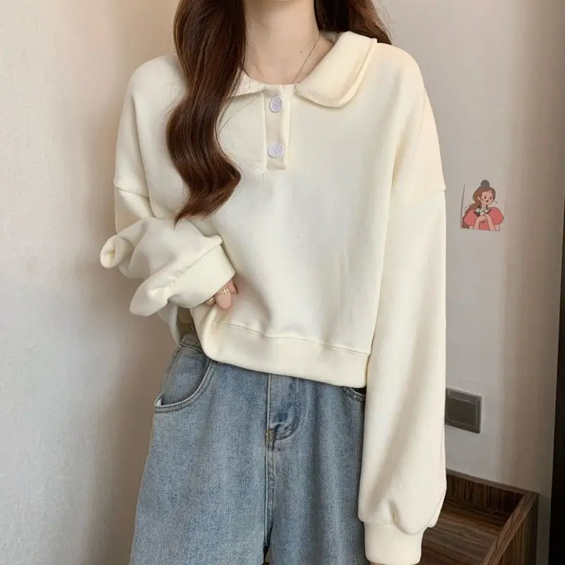 Women's Clothing Casual Korean Fashion Loose Buttons Solid Color Long Sleeve Pullover Youth Lively Bright Easy Close to The