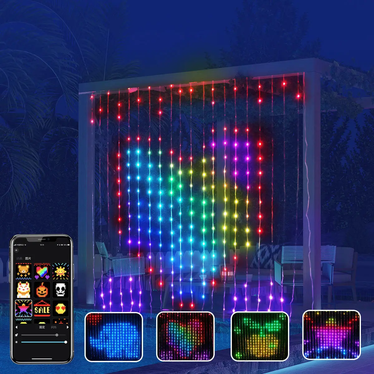 Programmable Colorful Smart LED Window Hanging Curtain String Lights Bluetooth APP Control for Mall Bedroom Wedding Christmas