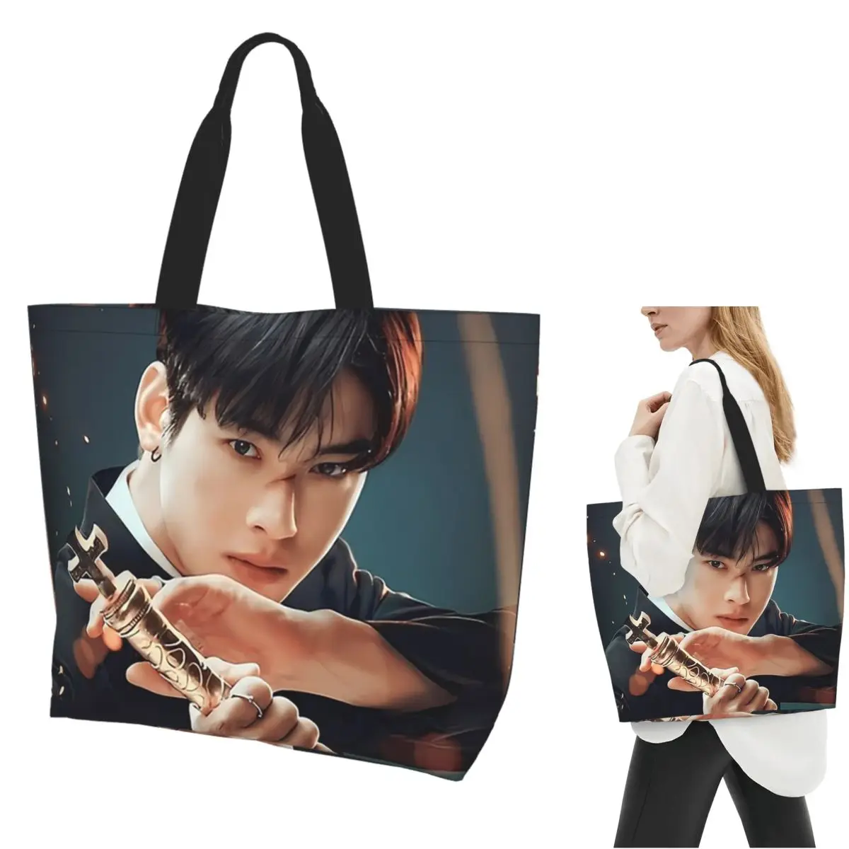 

Сумка-тоут для покупок Cha Eunwoo, парусиновая сумка на плечо большой вместимости, продуктовая сумка для покупок для женщин