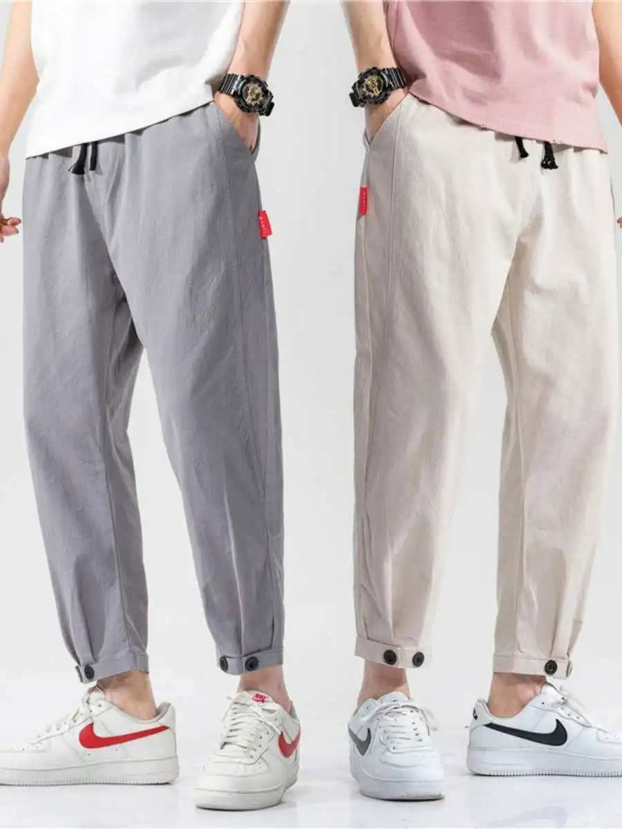 Pantalon décontracté en coton et lin pour homme, coupe ample, neuf points, sport, loisirs, style clair, jambe droite, été, fin