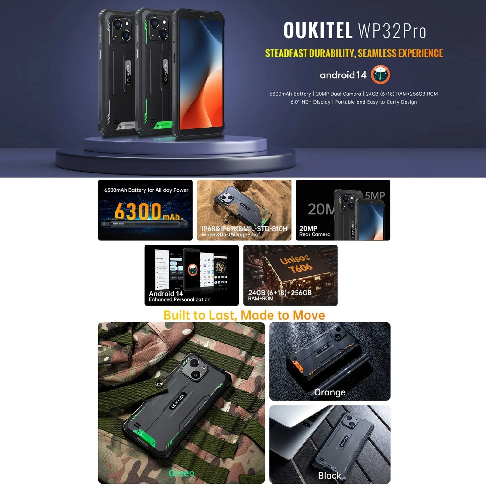 Oukitel-teléfono inteligente WP32 Pro, móvil resistente de 6 pulgadas, FHD + IPS, 6GB + 256GB, Unisoc T606 Tiger, batería de 6300mAh, cámara de 20MP, Android 14