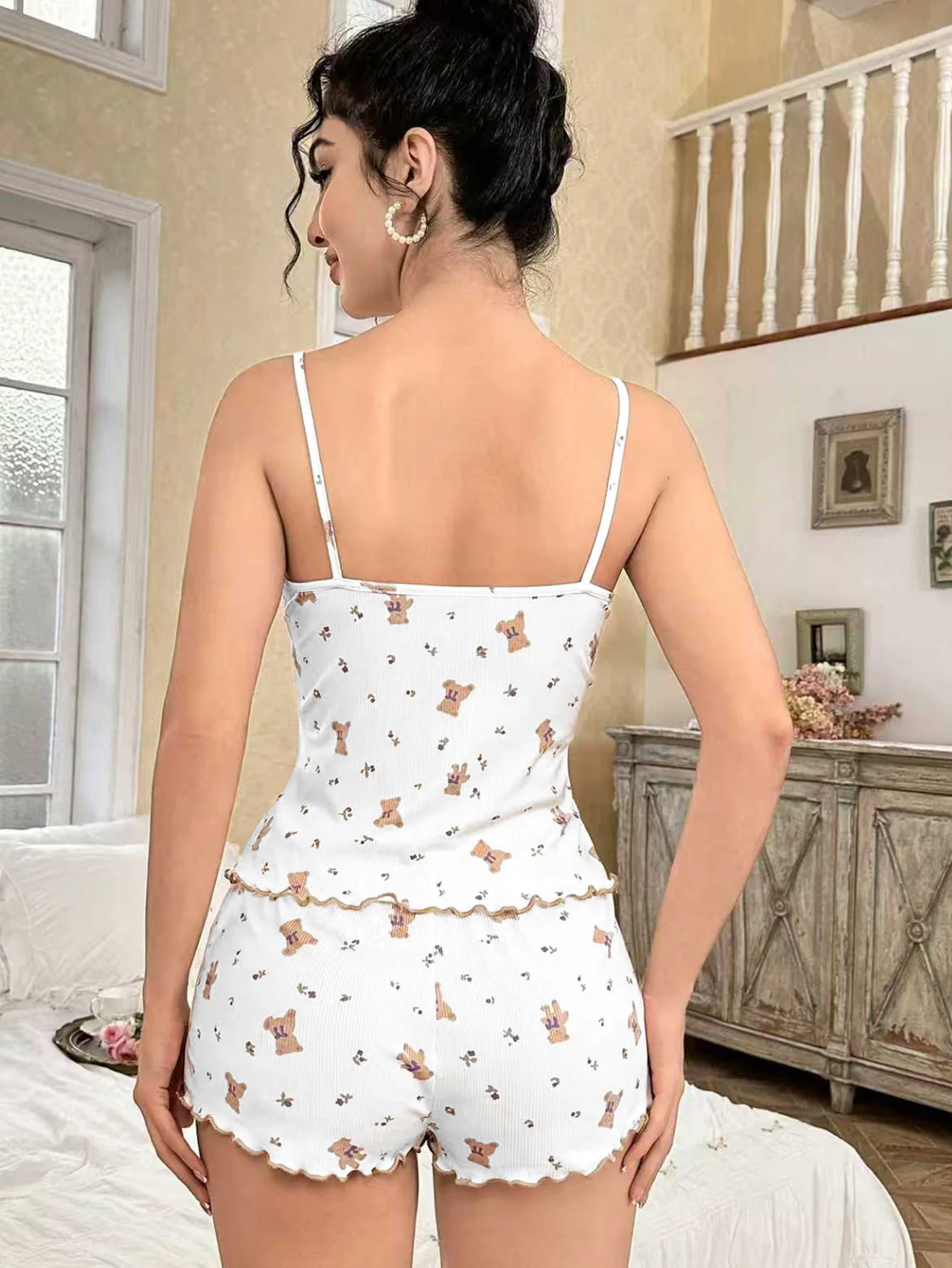 Y2K Cute Teddy Bear Ribbed Pajama Set Womens Cami Top and Shorts Two Piece Loungewear Lace Trim Lettuce Hem Sleepwear Bow New - view 2