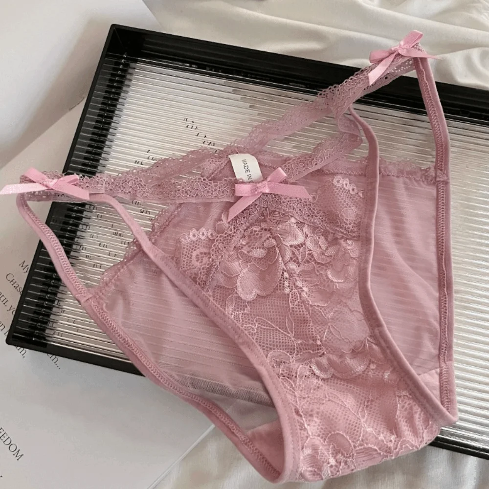Patchwork Bow Lace Flower Panties Transparent Seamless Lace Mesh Briefs Mid Waist Hollow Women Underwear Gifts