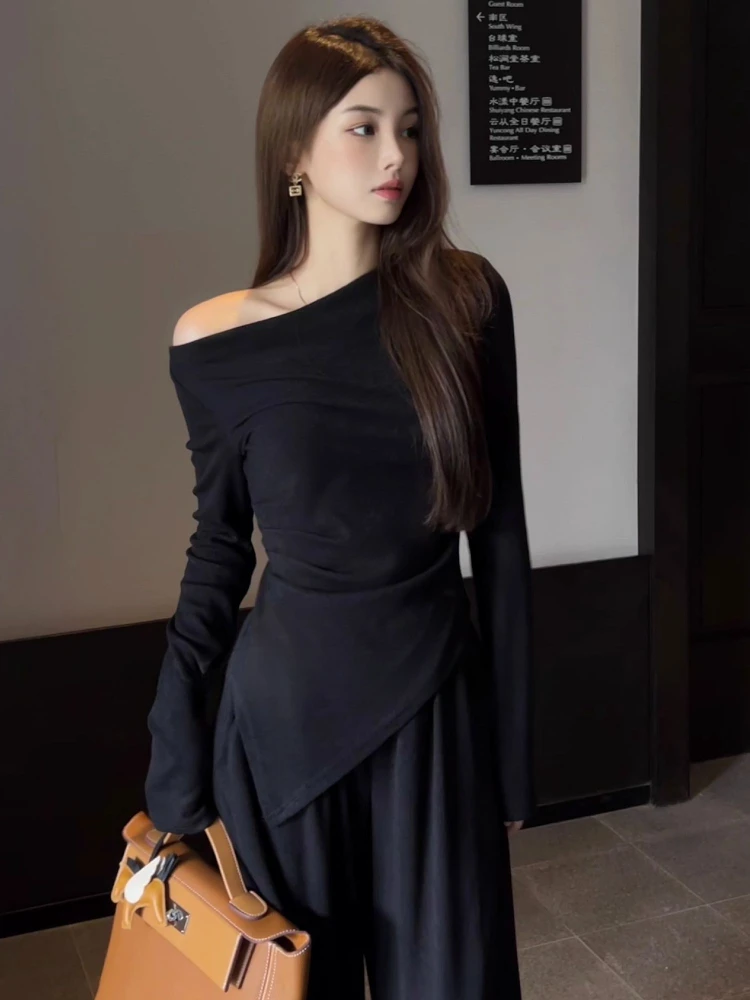 Slash-neck T-shirt Women Based Long-sleeves Asymmetrical Off Shoulder Hot Slim Solid Simple Ladies Korean-style Elegant Trendy