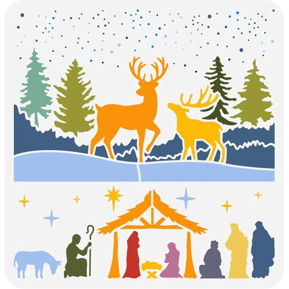 Christmas Deer Stencil 11.8x11.8 inch Christmas Nativity Scene Stencil Template Plastic Forest Deer Stars Stencil for Walls