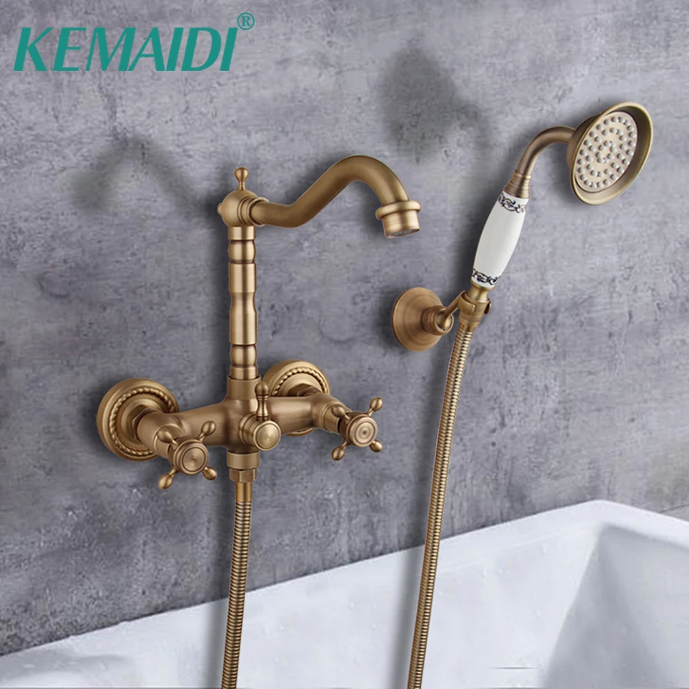 

KEMAIDI Antique Brass Widespread Bathtub Faucet 2 Handle Roman Bath Shower Faucets Cold and Hot Water Mixer Taps