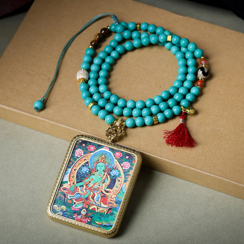 New titanium steel hand-painted gold GreenTara thangka colour-retaining plating pendant magnesite turquoise necklace jumperchain