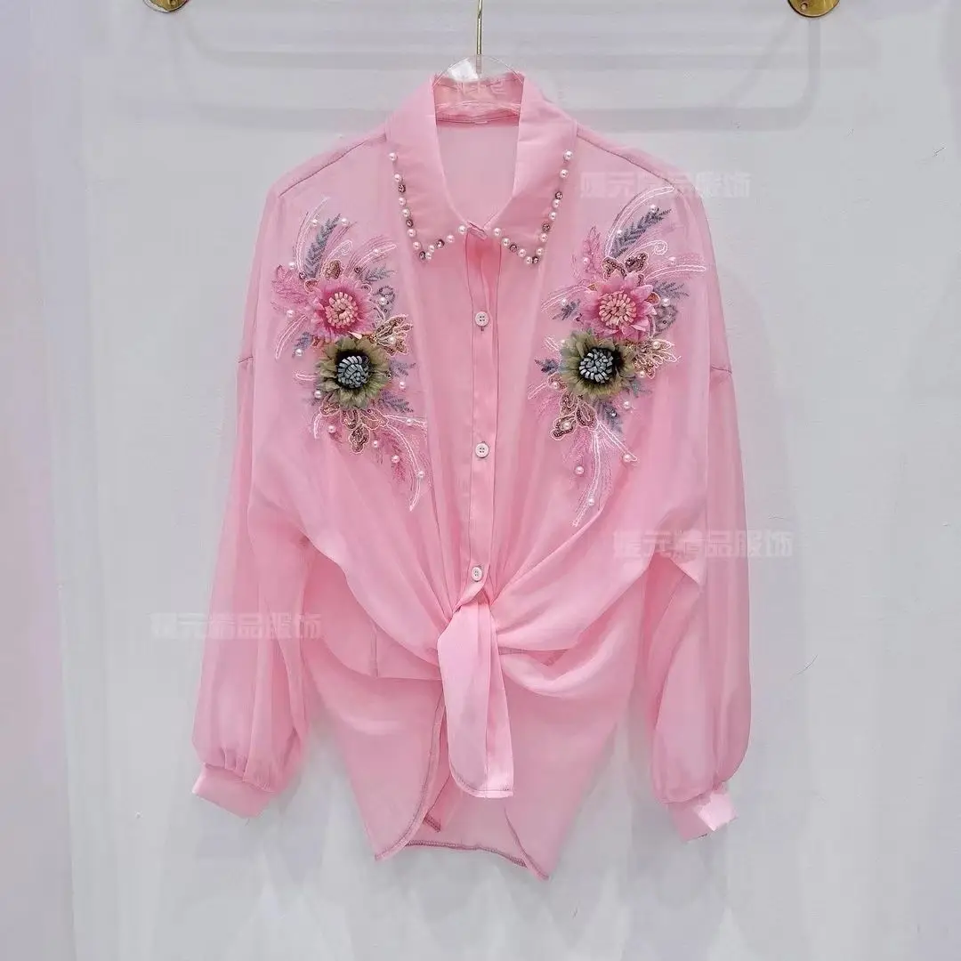 Heavy Industry 3D Flower Sun Protection Shirt Cardigan Women Heavy Industry Beads Diamond-Embedded Blouse Sweet Loose Top