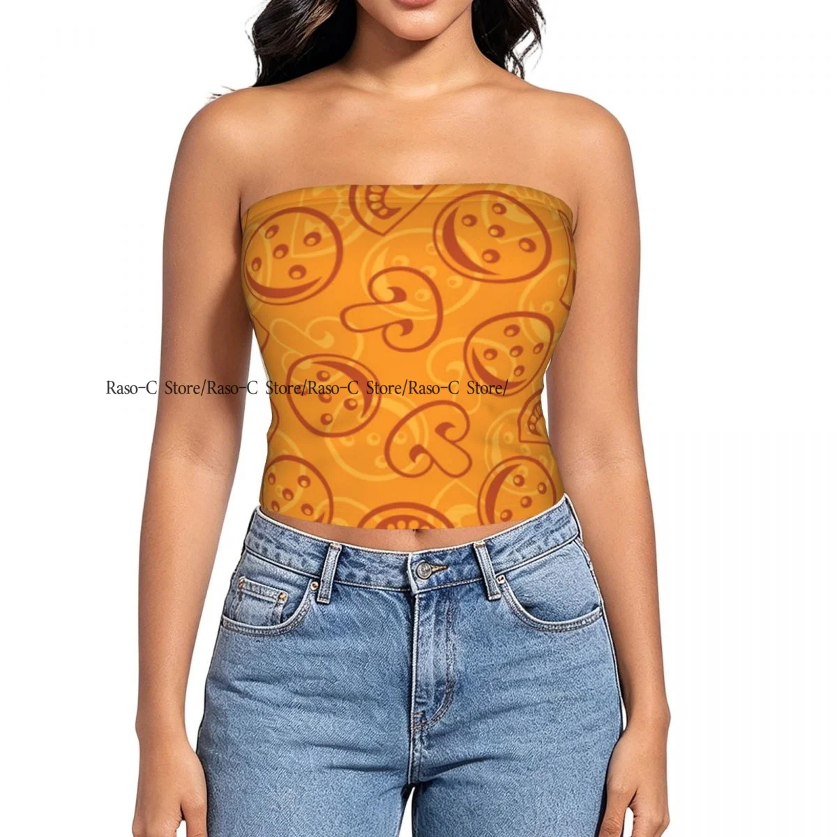 Strapless Sexy Tube Tops Summer Outfits Women Backless Shoulder Wrap Pizza Background Female Crop Top