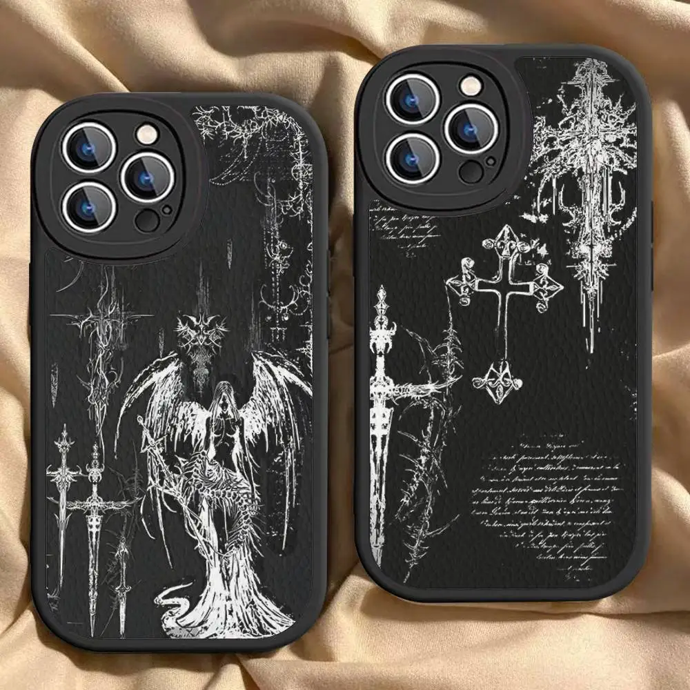 حافظة لهاتف آيفون 16 15 14 11 12 13 Pro Max Plus من الجلد الخلفي على الطراز القوطي Cyber Sigil