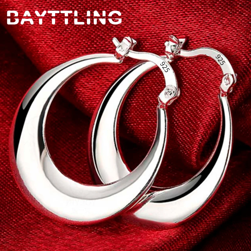 

Luxury 925 Sterling Silver Simple 30MM Moon Hoop Earrings For Women's Fashion Wedding Charm Earrings Gift Jewelry Accessories