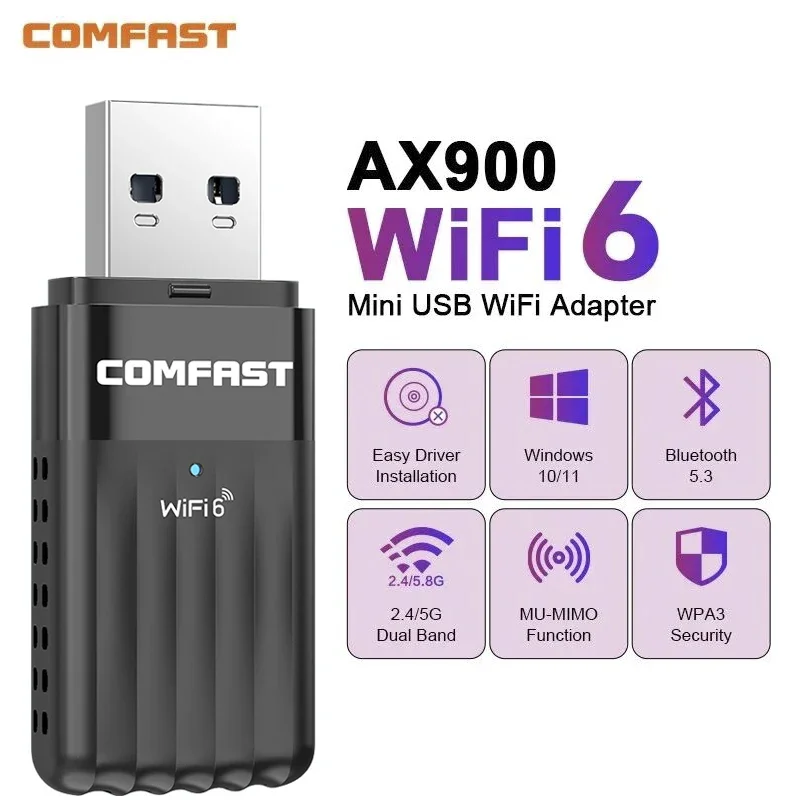 

COMFAST Wireless Receiver For PC/Laptop Win10/11 Bluetooth 5.3 WiFi 6 Dongle AX900 USB WiFi Adapter Driver Free 2.4GHz 5.8GHz