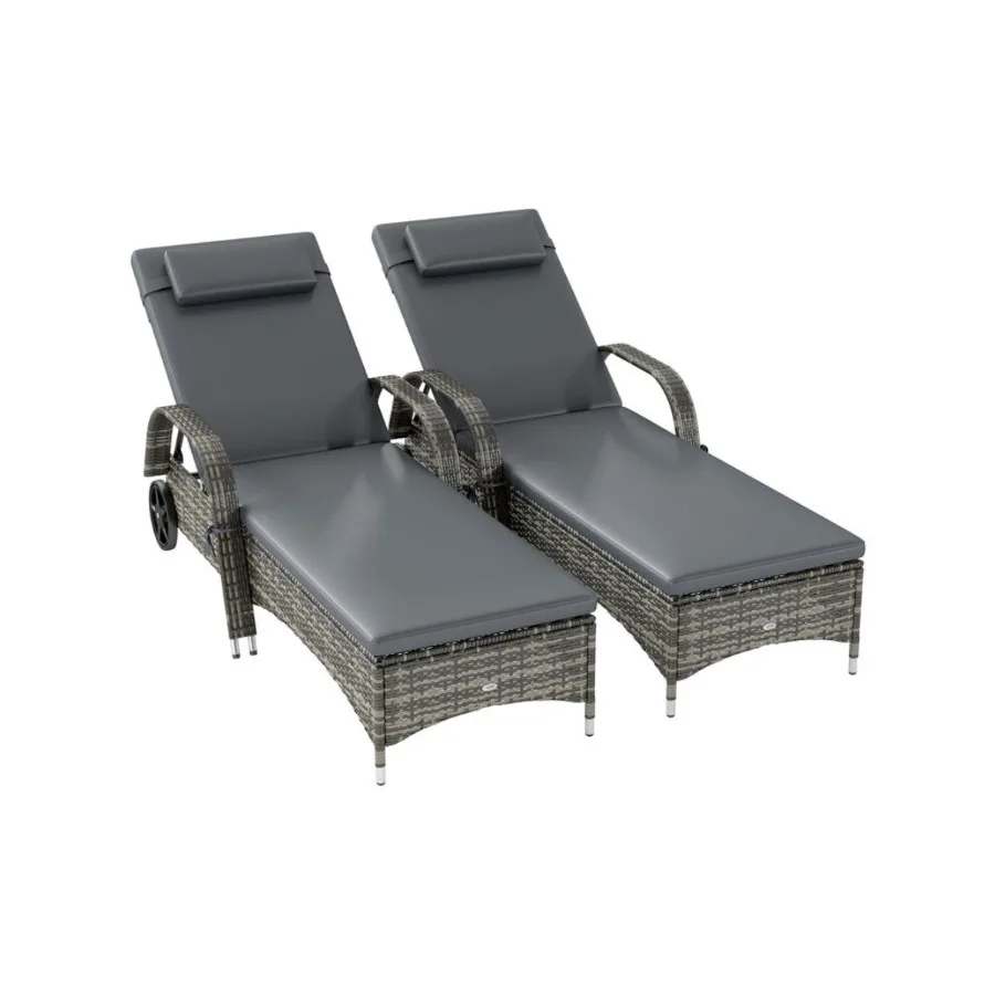 

2 Reclining Chaise Lounge Chairs, Rolling Outdoor Chairs with Cushion, Pillow, Headrest, Armrests, and Wheels, Gray