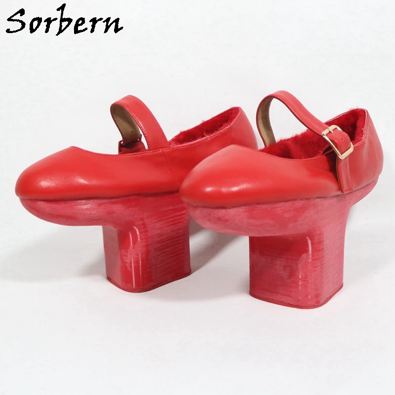Sorbern Red Matte High Heels Women Pump Shoes Mid Mary Jane Straps Special Heels In Middle Custom Color