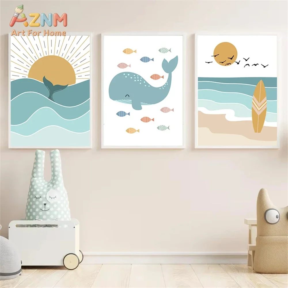 AZNM Ocean Sea Theme Canvas Wall Art Set of 9 Sun Wave Whale Sailboat Print Poster You Are So Loved Quote Kids Coastal Nursery G