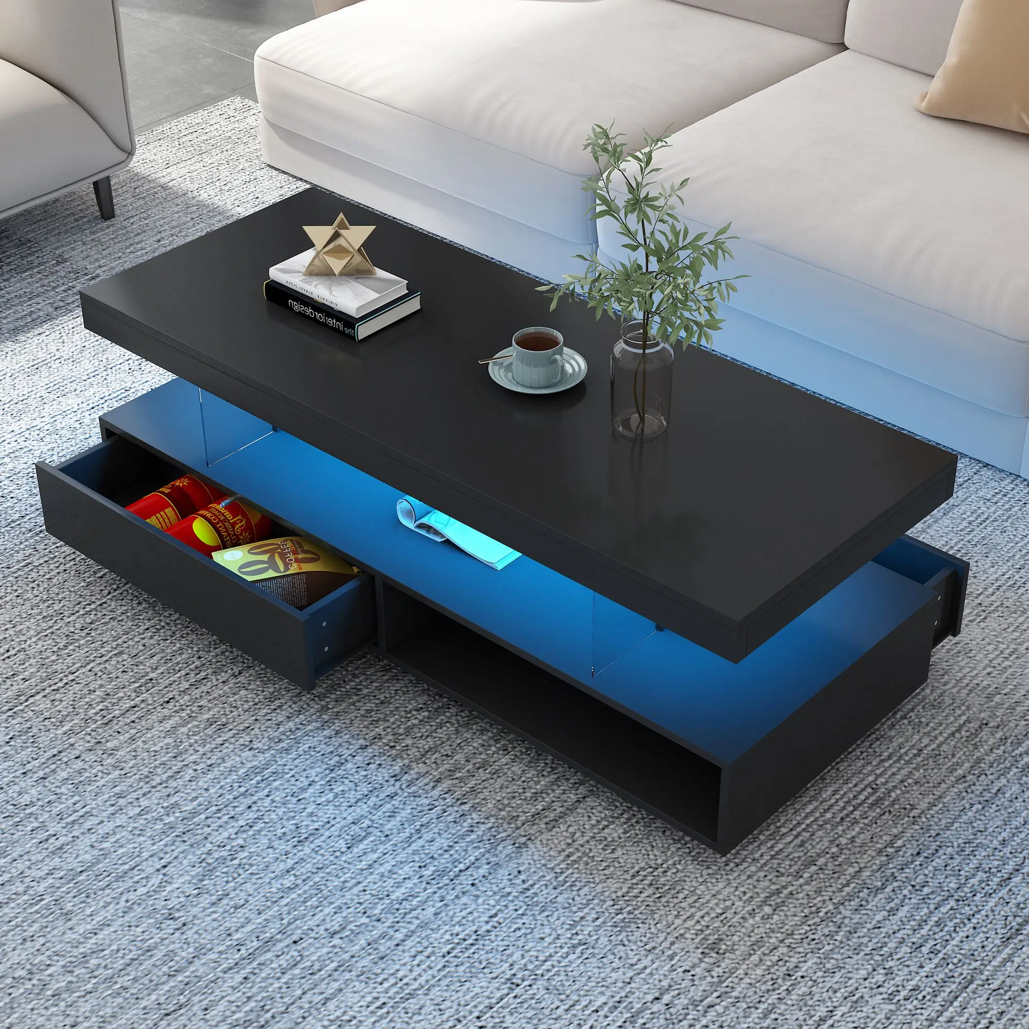 

LED Coffee Table with Storage, Modern Center Table with 2 Drawers and Display Shelves, Accent Furniture with LED Lights Tables