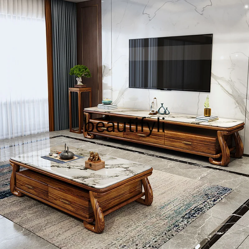 

Modern new Chinese ebony coffee table TV cabinet combination living room household round marble ebony