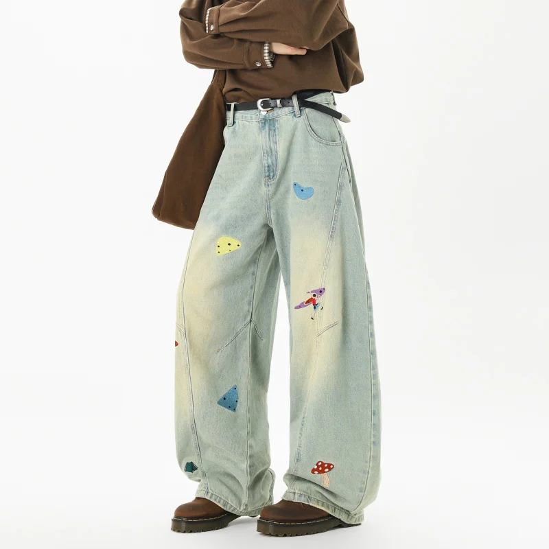 

Джинсы GIOIOMen, 2025 новых свободных прямых джинсов с героями мультфильмов в американском стиле для мужчин