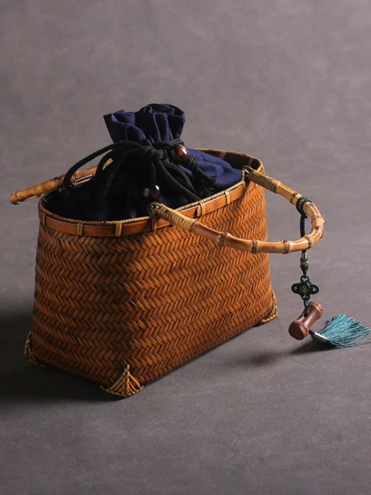 Retro Premium tkana torba pakiet do przechowywania zastawy stołowej usta podszewka styl ręczny kosz bambusowy kobiety uchwyt Bento organizer etui — zdjęcie 2