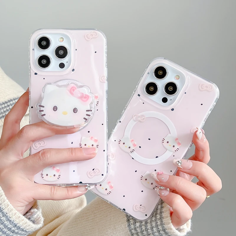 Cute Cartoon Sanrio Hello Kitty staffa magnetica Magsafe custodia per telefono con ricarica Wireless per iPhone 15 14 13 12 11 Pro Max Hard Cover