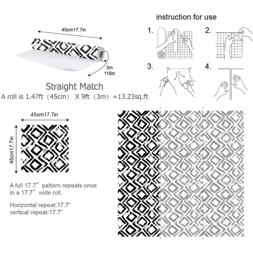 ورق جدران من الفينيل قابل للإزالة بنمط هندسي أبيض وأسود لديكور غرفة النوم وغرفة المعيشة