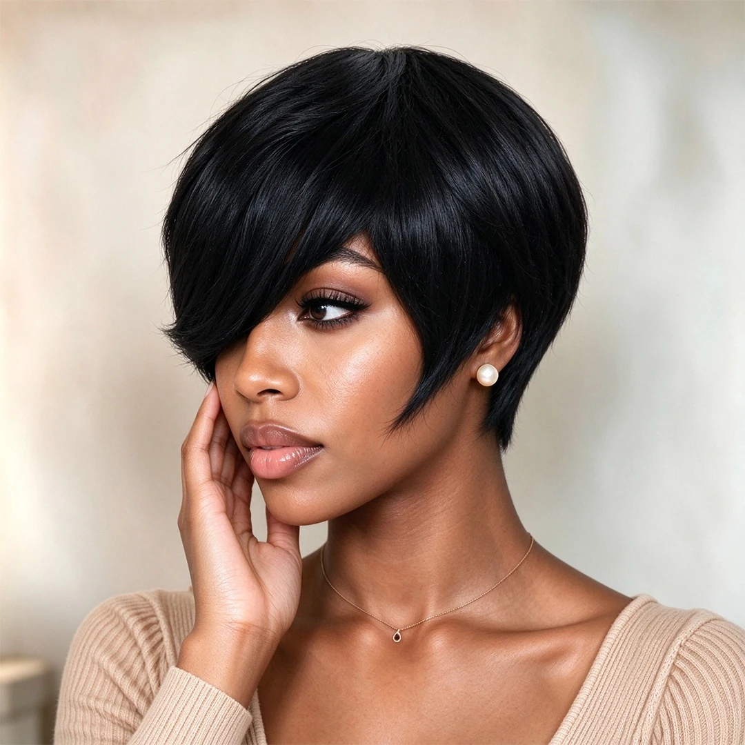Pixie Cut Wigs Short Human Hair Wigs with Bangs Short Layered  8Inch   Full Machine Made Wig Natural Black Color for Women