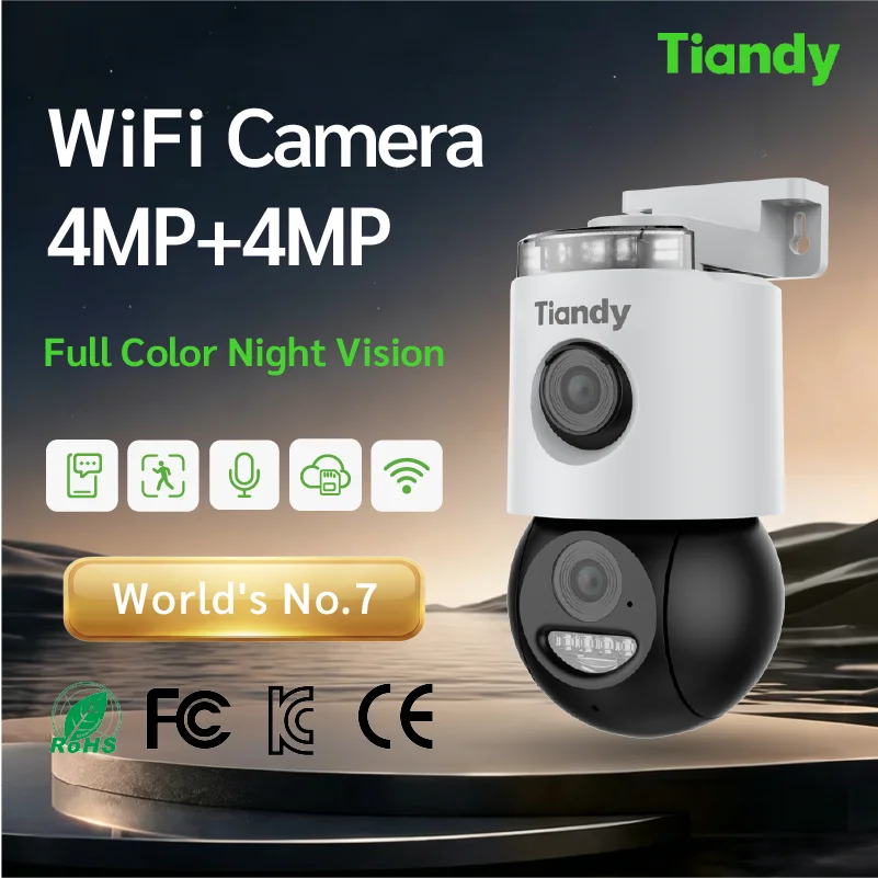 Tiandy 4MP Wireless IP Camera Outdoor AI Human Vehicle Detection Full Color Night Vision Two-way Talk Cloud Storage IP66