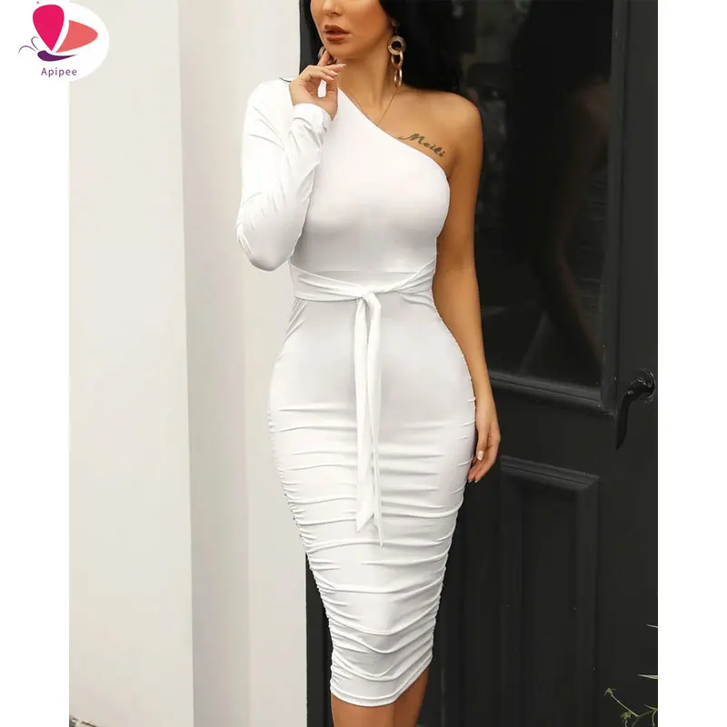 Women Elegant Fashion Sexy White Cocktail Party Slim Fit Dresses One Shoulder Belted Ruched Design Bodycon Midi Dress