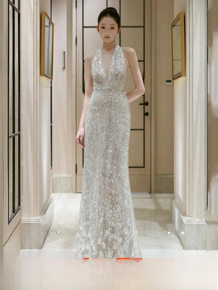 

Elegant Silver Sequin Evening Dress Neck Hanging Style Fish Tail Skirt for Year End Party Wedding Banquet Performance