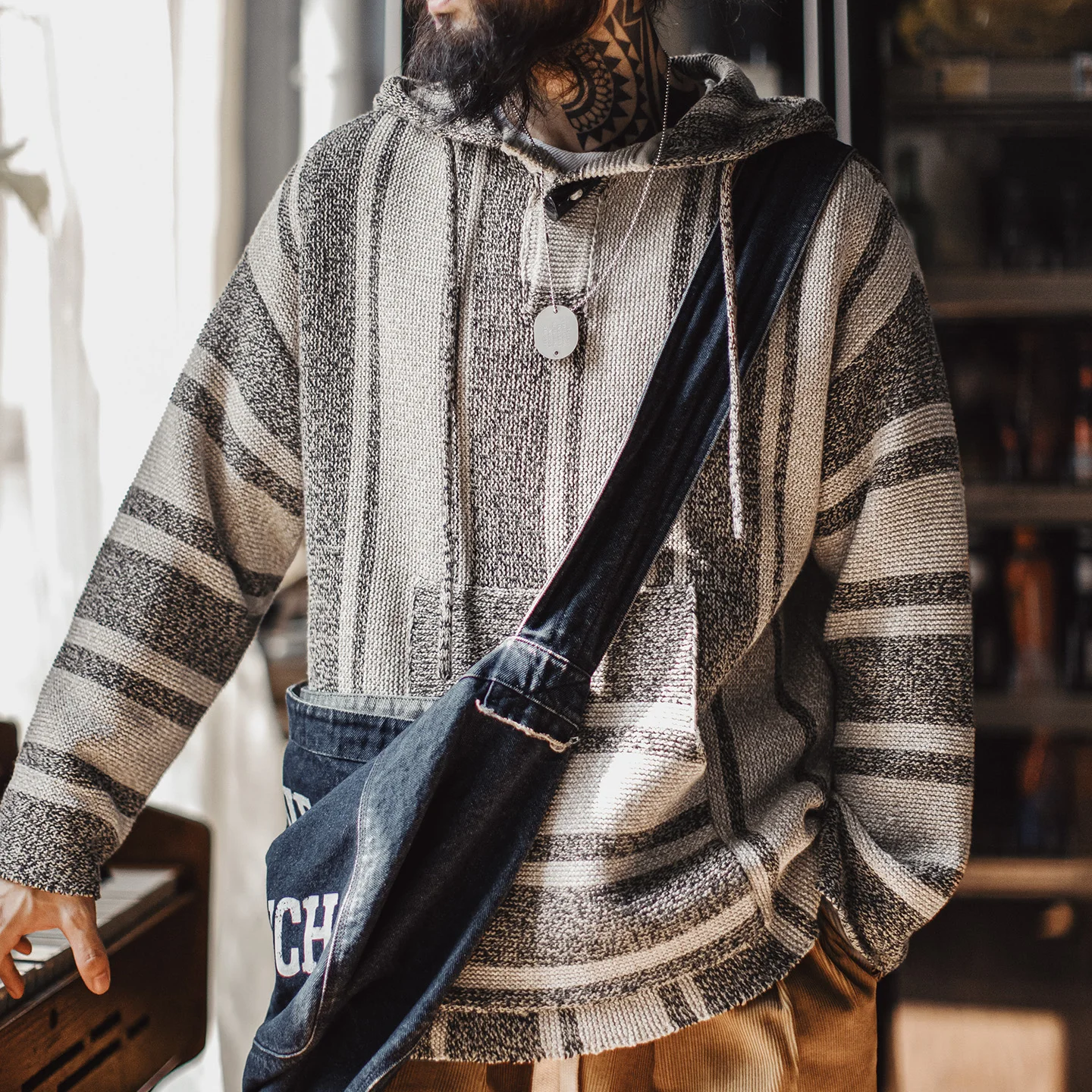 

Мужская толстовка Baja в мексиканском стиле Maden, вязаный пуловер в полоску с молнией до половины, легкая свободная толстовка на весну и осень