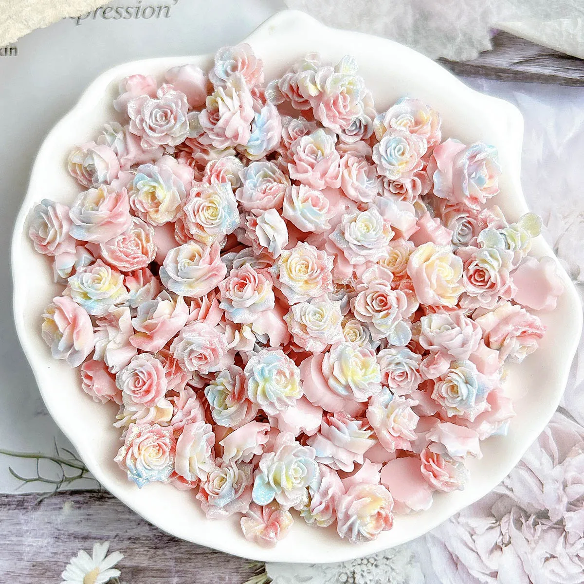 Gradient Luminous Colored Lotus Rose Resin Nail Art Charms Novel Fine glitter Pinwheel Flower Peony Nail Decorations DIY Nails